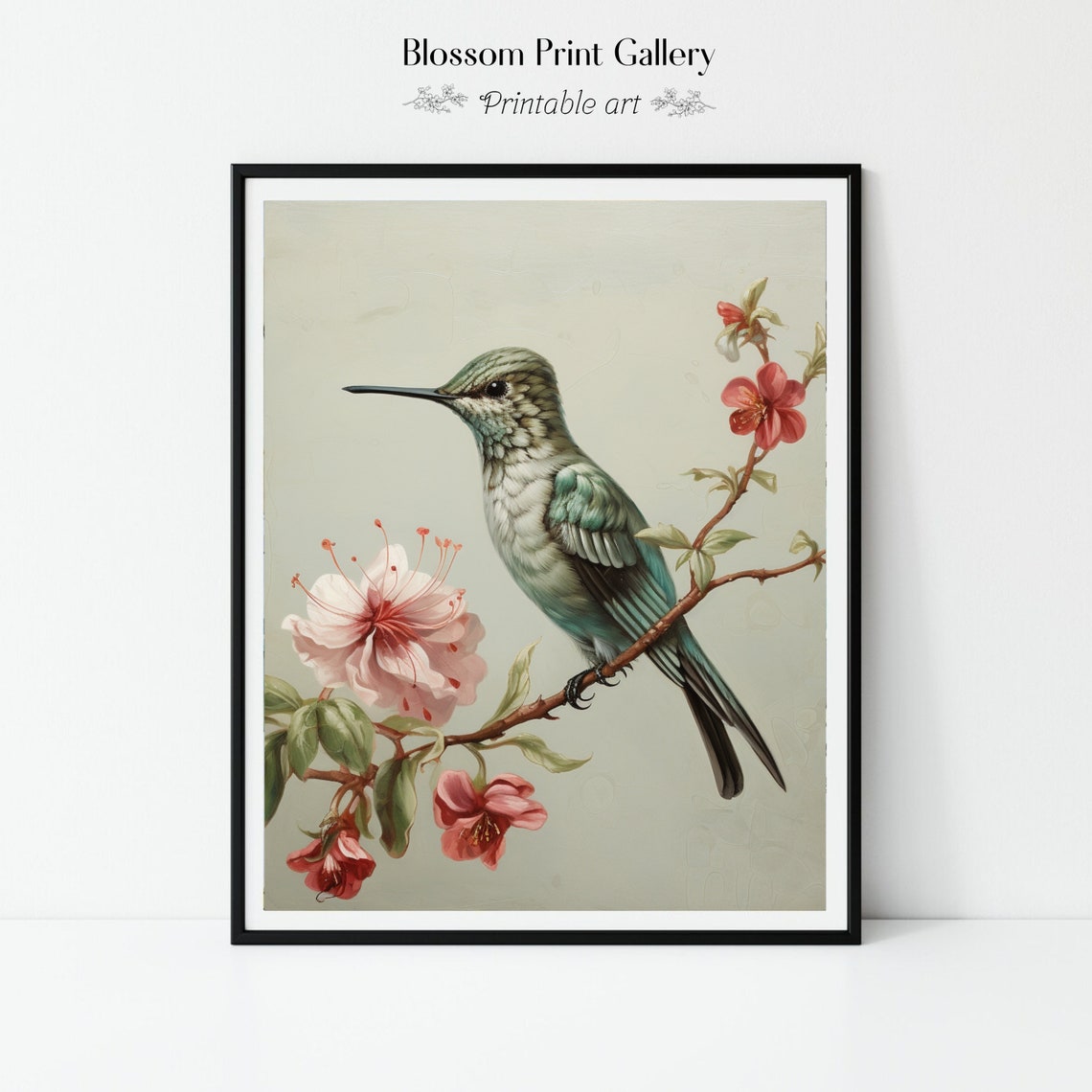 Green Hummingbird Perched on a Blossom Branch Vintage Bird Wall Art
