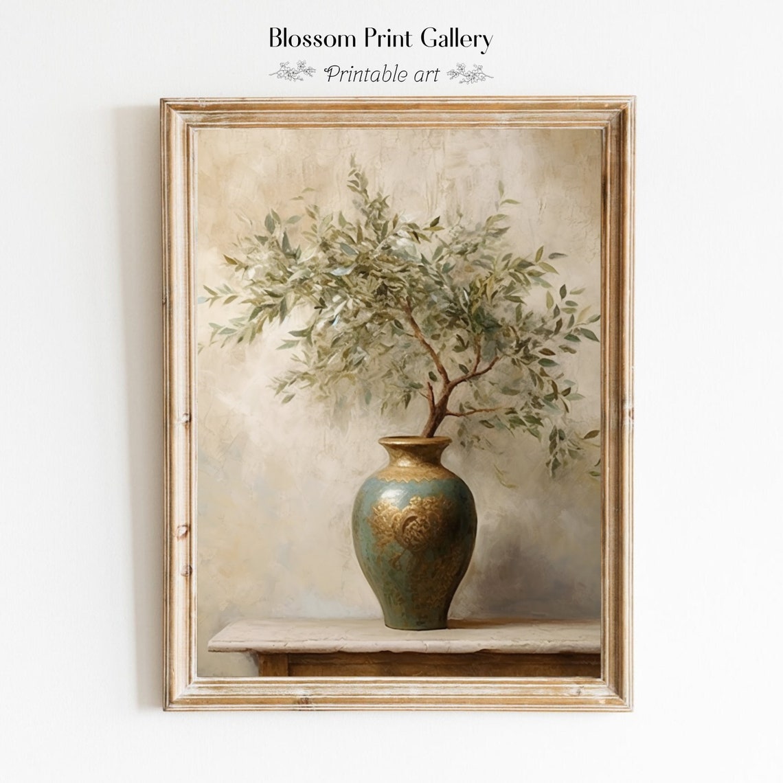 Olive Branch Antique Vase Neutral Still Life Botanical Poster