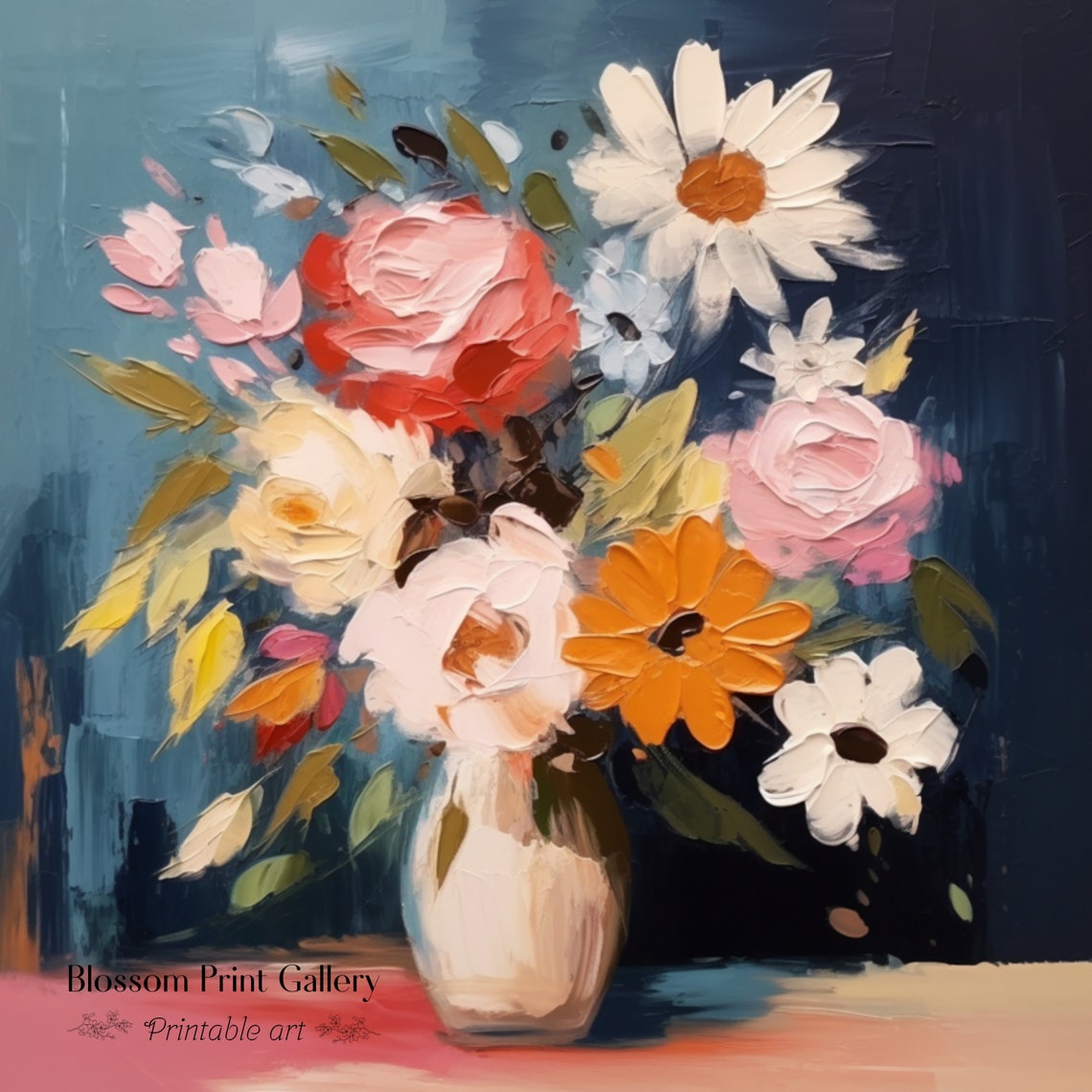 Impasto Flower Bouquet Vase Navy Background Textured Floral Poster - Image 3