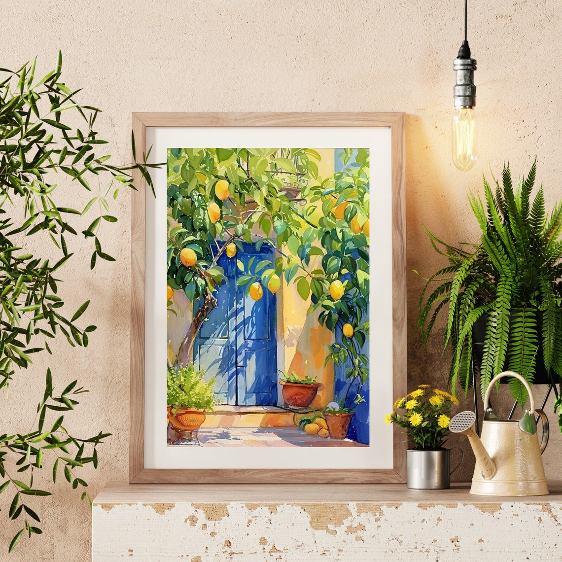 Mediterranean Lemon Tree by Blue Door Watercolor Painting Poster - Image 2