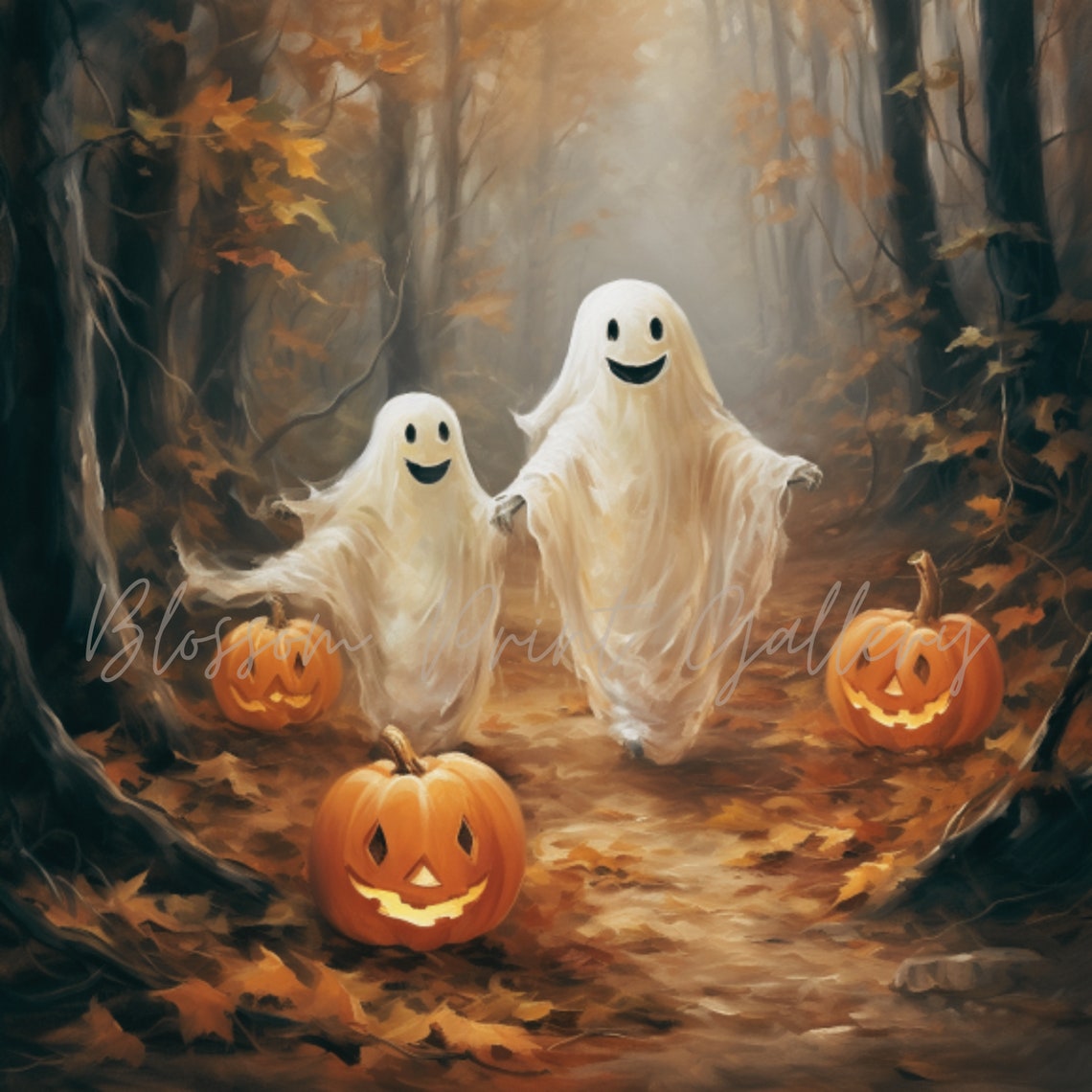 Cute Ghosts with Jack O Lanterns in Autumn Forest Painting Poster - Image 3
