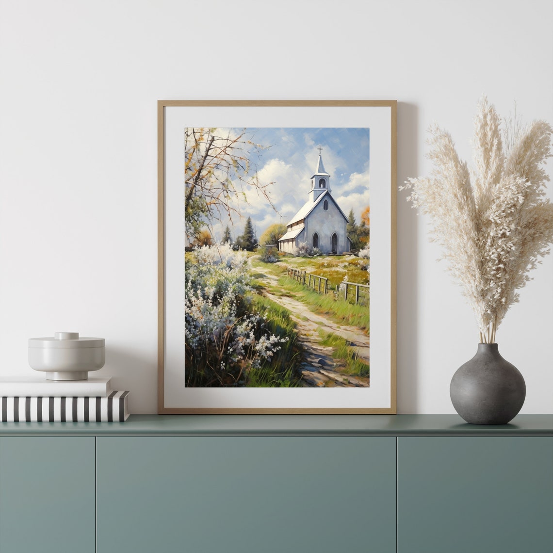 White Country Church Spring Blossom Meadow Chapel Oil Painting Poster - Image 3
