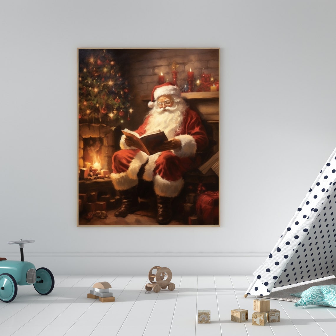 Santa Claus Reading Book By Fireplace Cozy Christmas Art Poster - Image 5