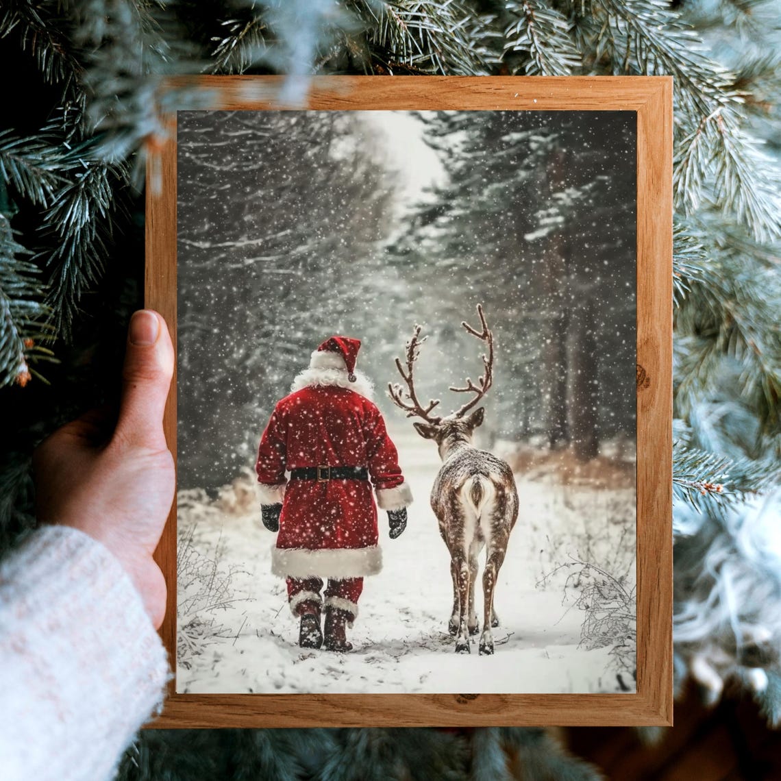Santa Claus Walking Reindeer Snowy Forest Christmas Art Poster - Image 5