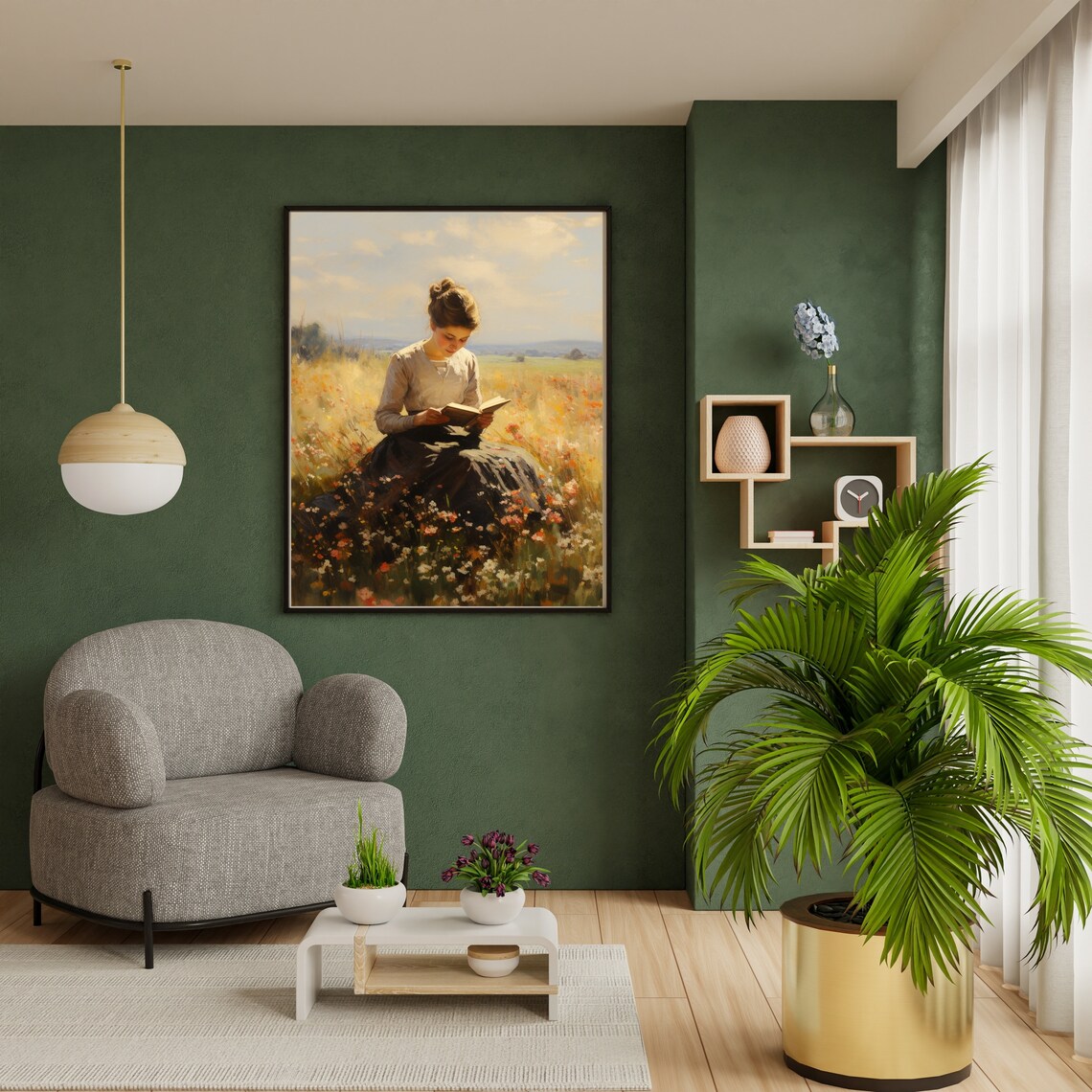 Vintage Woman Reading Book In Wildflower Field Sunny Oil Painting Poster - Image 4