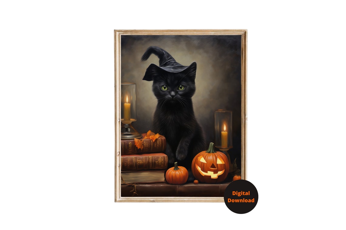 Black Cat In Witch Hat With Books And Jack O Lantern Halloween Poster - Image 6