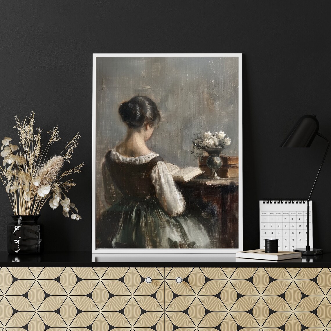 Vintage Woman Reading a Book Muted Antique Portrait Painting Poster - Image 5