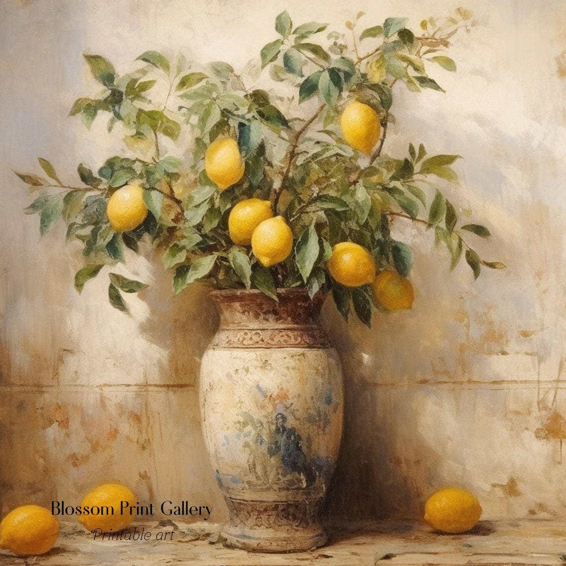 Lemon Branch With Ripe Fruit In Tall Antique Urn Painting Poster - Image 2