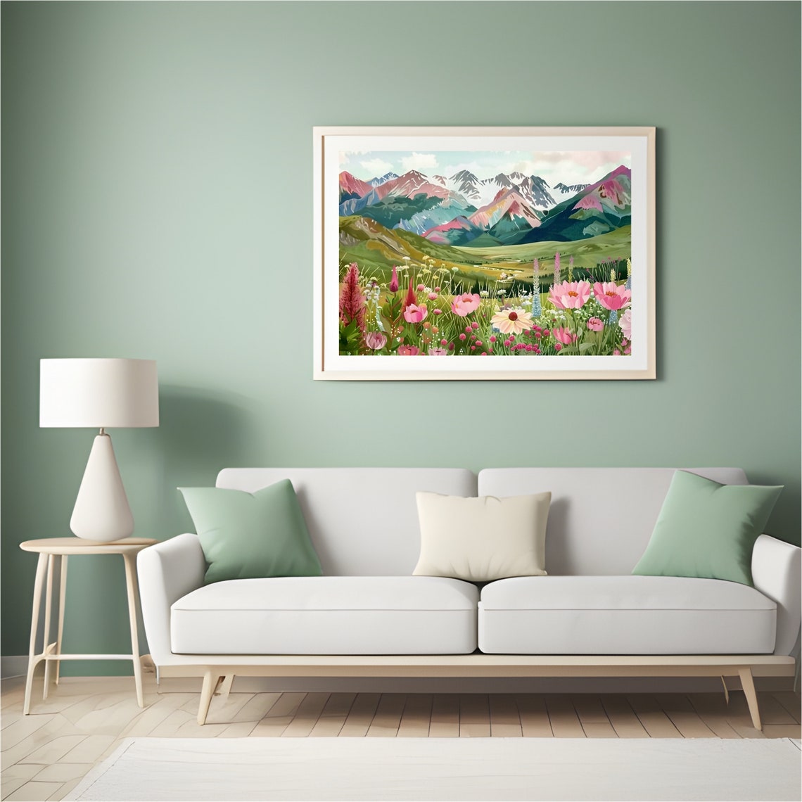 Pink Wildflower Meadow with Colorful Mountain Peaks Art Poster - Image 2