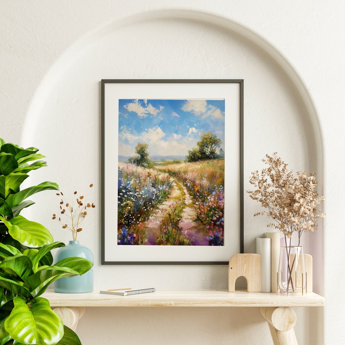 Wildflower Meadow Path Under Bright Blue Summer Sky Art Poster - Image 4