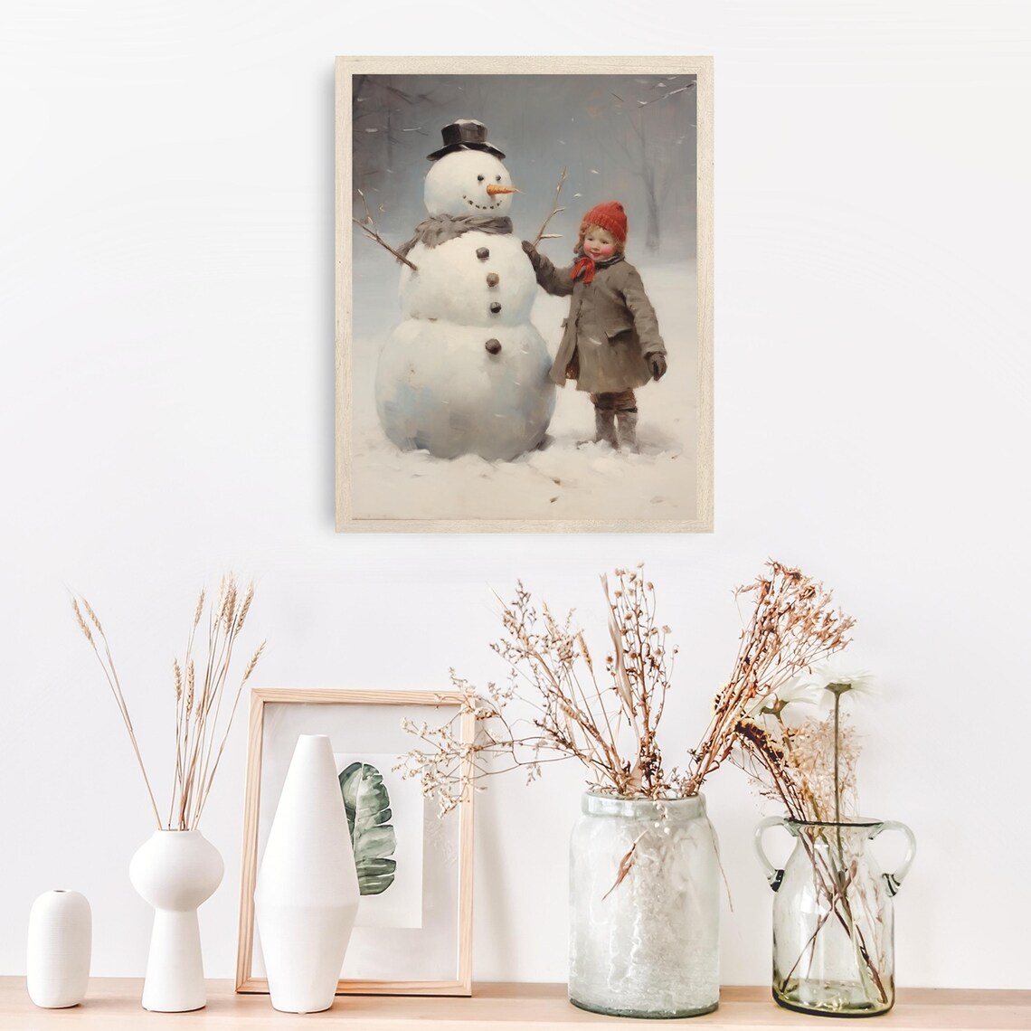 Girl Building Snowman Christmas Print Christmas Snowman Decor Farmhouse Artwork Winter Holiday Vintage Christmas Print 745 - Image 5