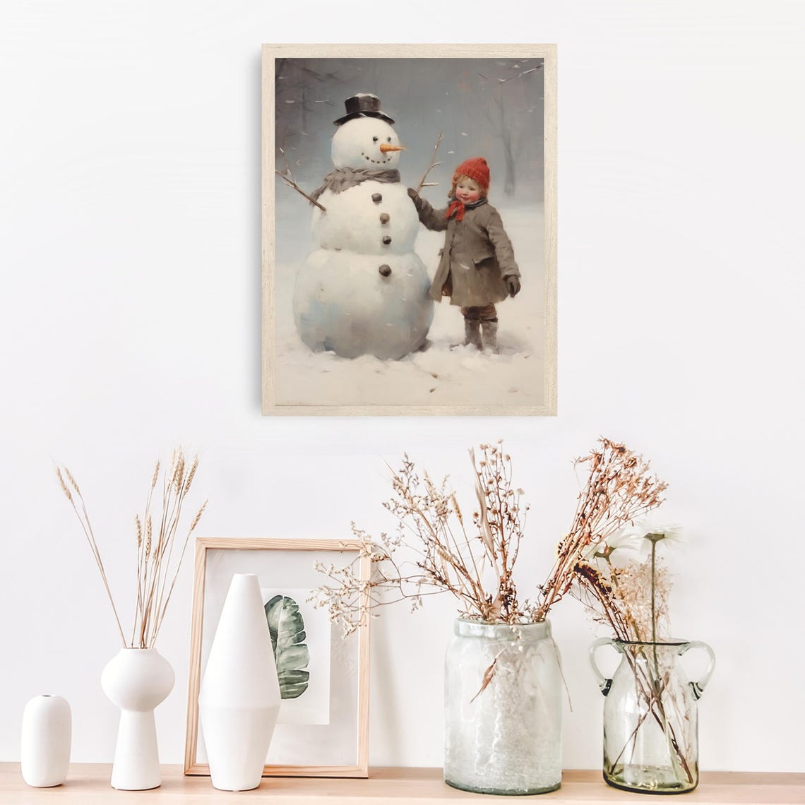 Vintage Little Child with Snowman in Snowy Winter Painting Poster - Image 5
