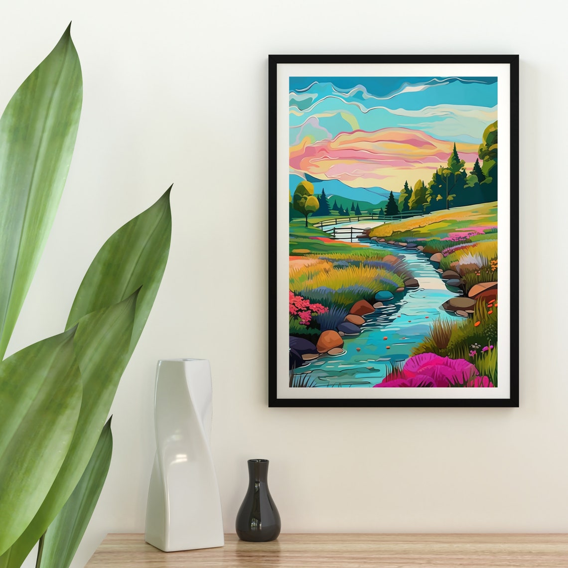 Colorful Sunset Stream Whimsical Forest River Landscape Poster - Image 3