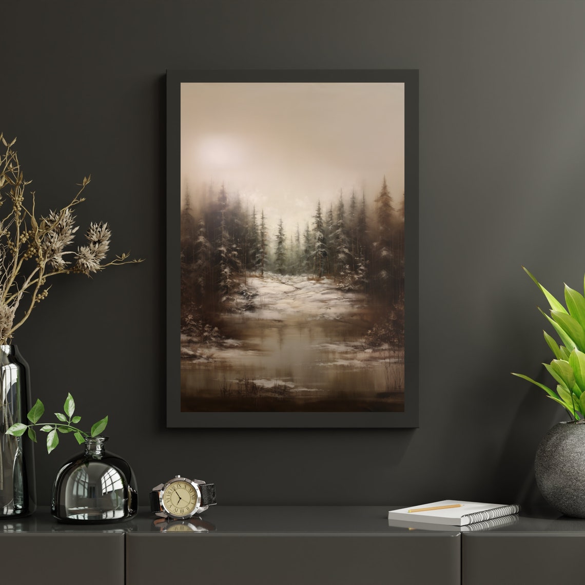 Misty Winter Forest Snow Pines Muted Neutral Landscape Art Poster - Image 6