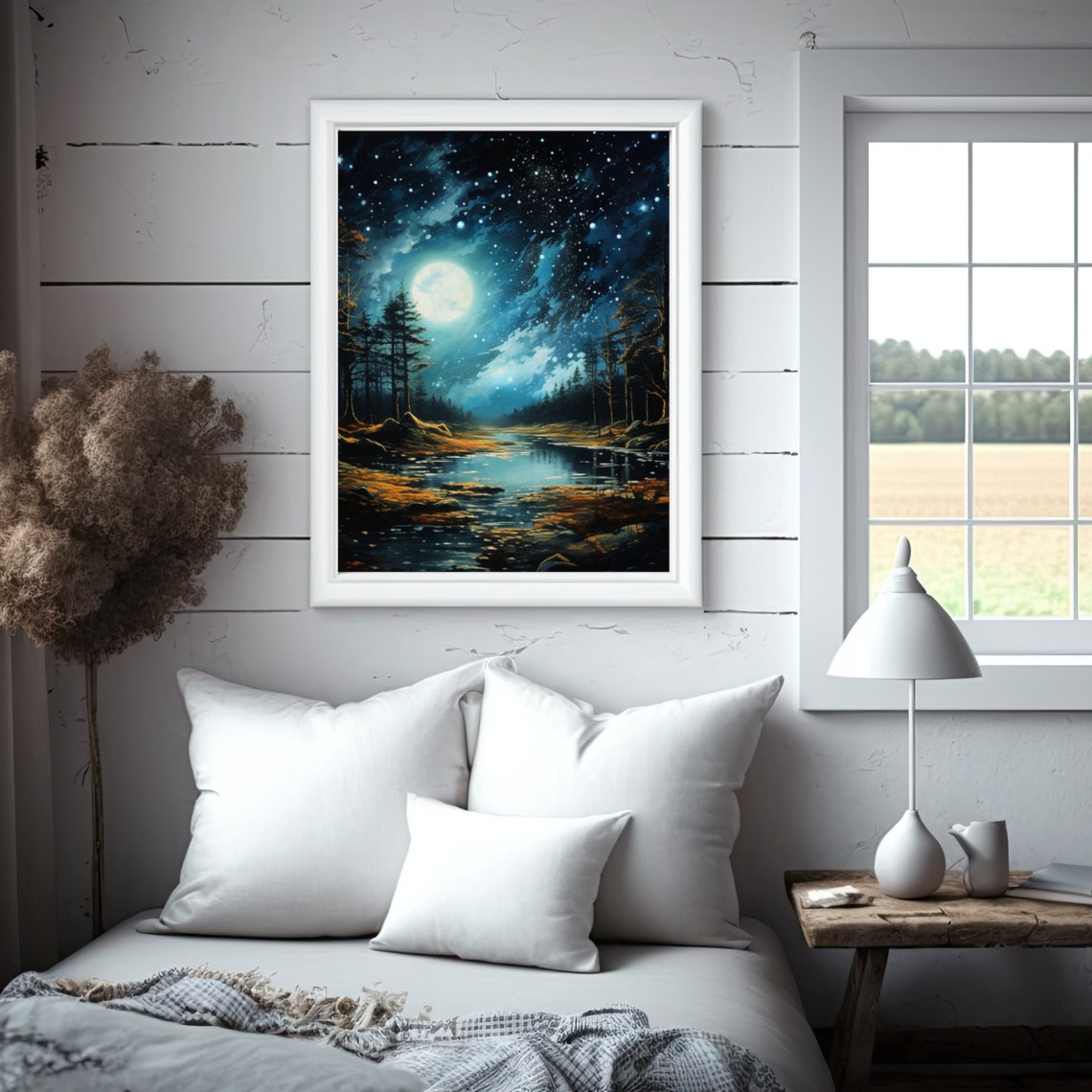 Starry Night Sky over a Moonlit River Forest Landscape Poster - Image 3