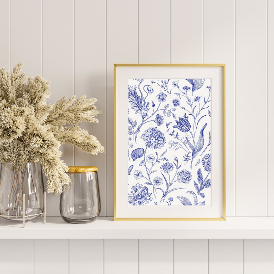 Blue White Botanical Toile Floral Line Illustration Garden Poster - Image 5