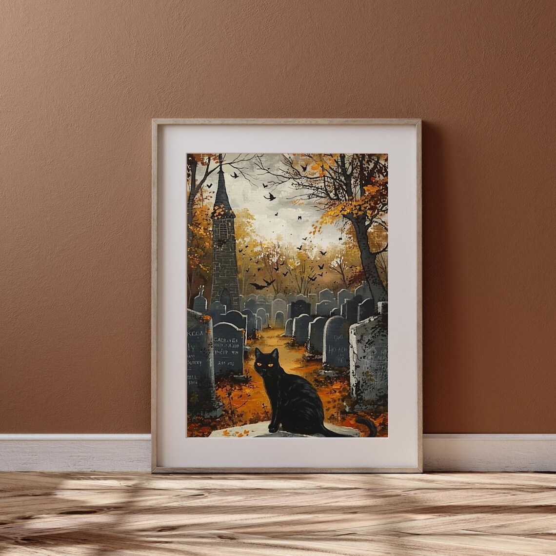 Black Cat In Autumn Graveyard With Old Church Halloween Painting Poster - Image 3