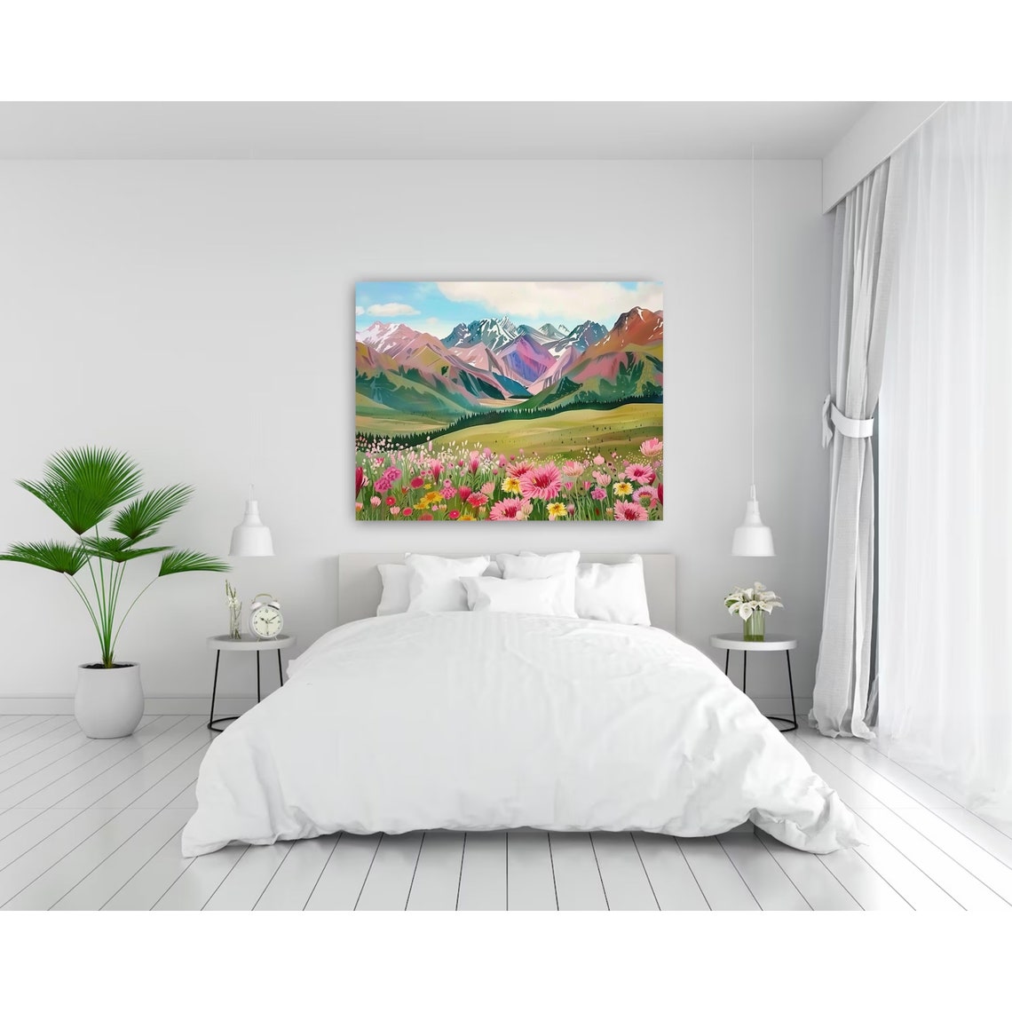Pink Wildflower Meadow Beneath Snowcapped Peaks Landscape Poster - Image 4