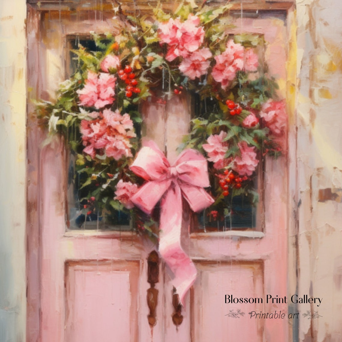 Pink Christmas Wreath With A Pink Bow On A Pink Wooden Door Poster - Image 3