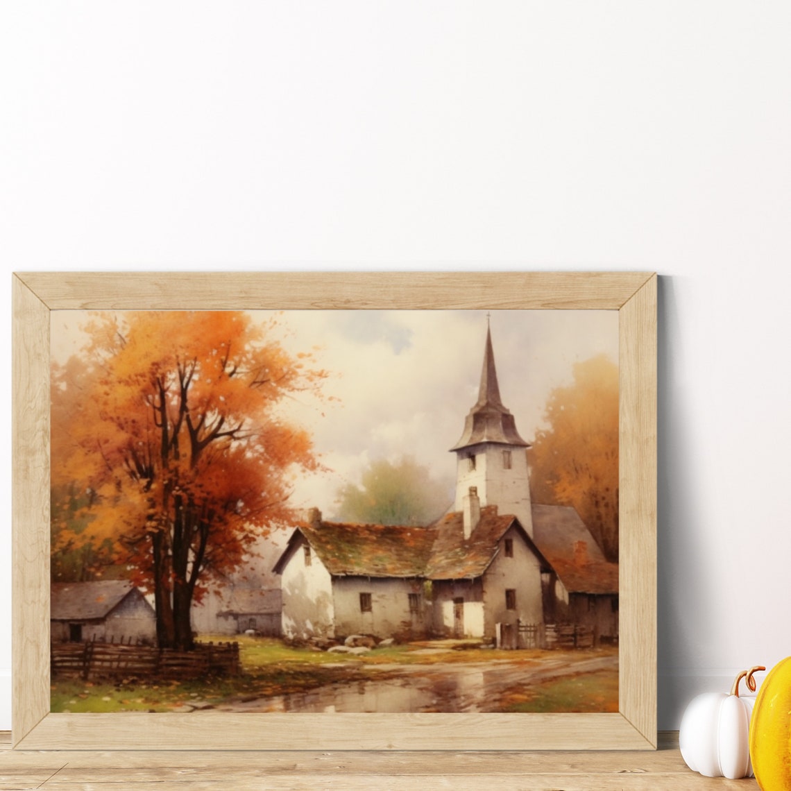 Autumn Village Church with Orange Fall Trees Painting Poster - Image 6