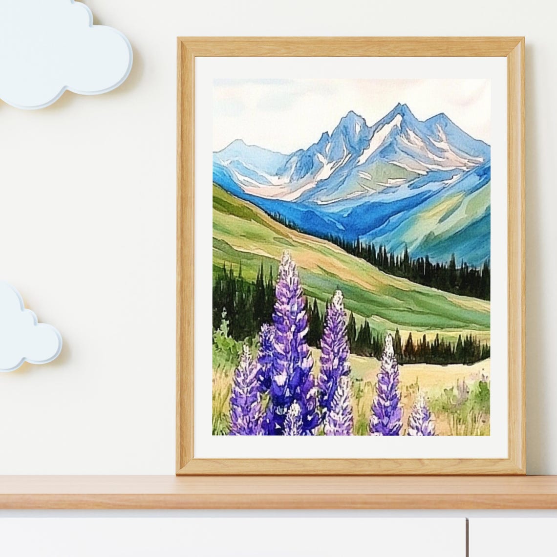 Alpine Lupine Flowers Blue Mountain Watercolor Landscape Poster - Image 3