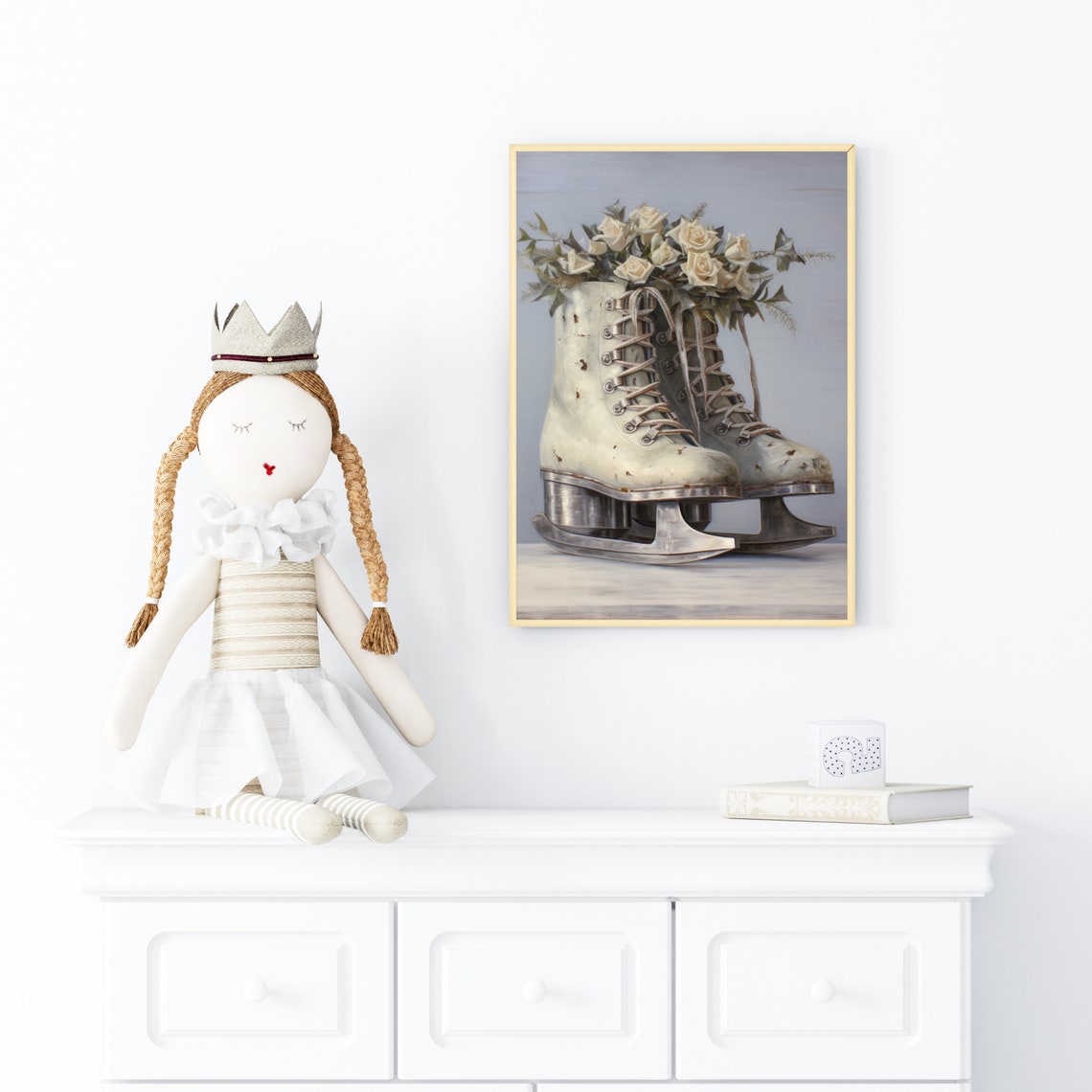 Vintage White Ice Skates with Roses Winter Still Life Painting Poster - Image 6