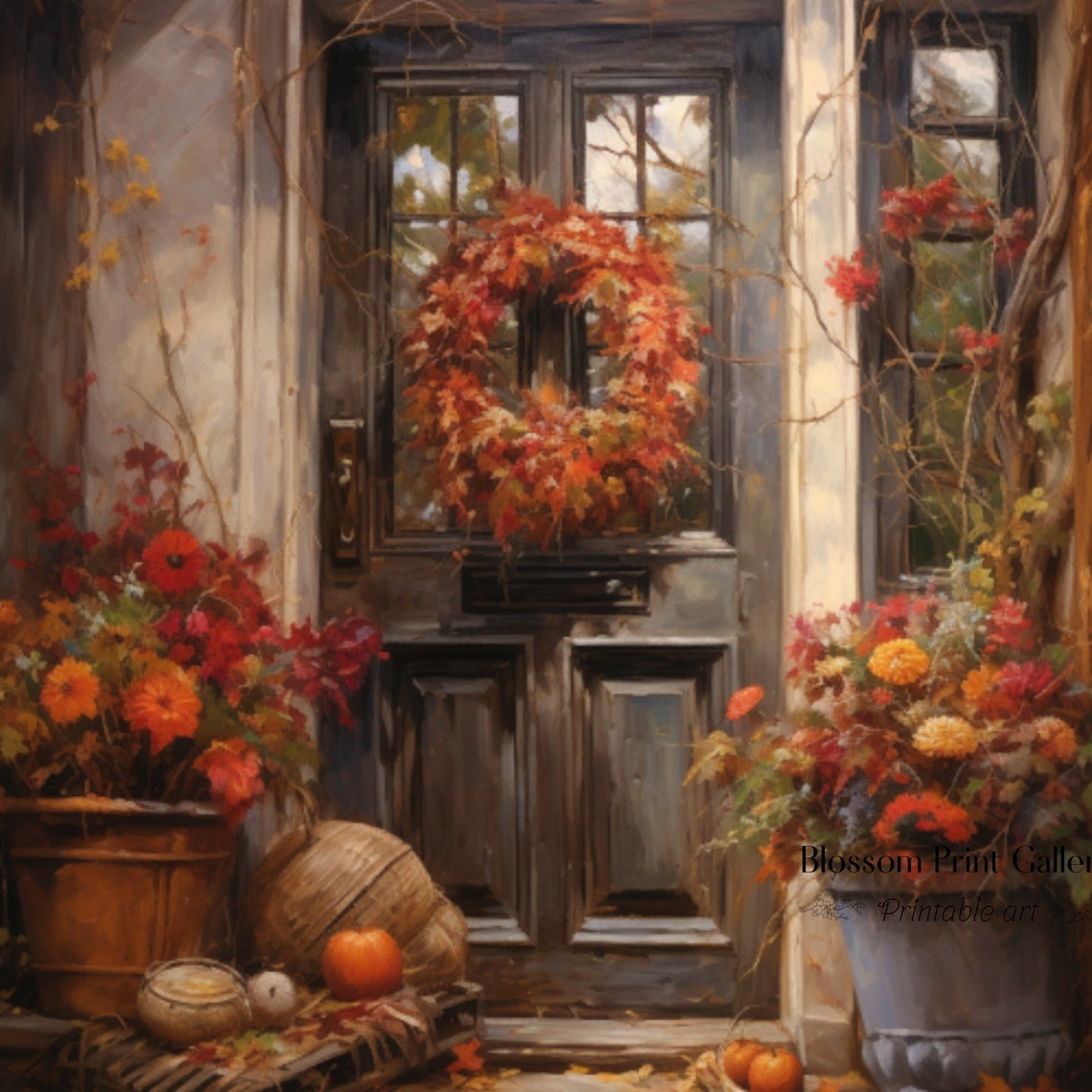 Rustic Autumn Front Door With Wreath And Pumpkins Fall Poster - Image 2