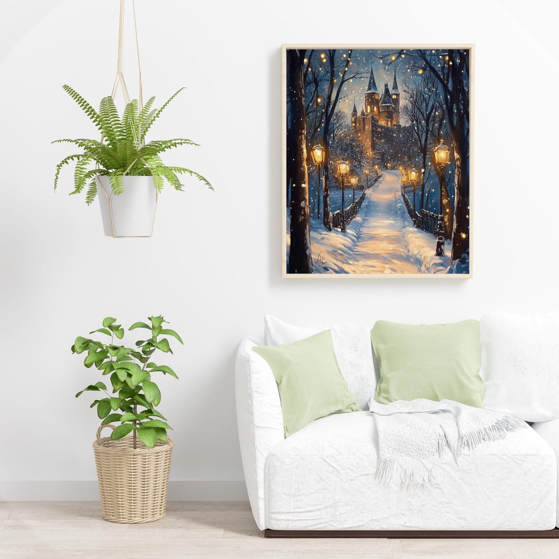 Snowy Lamplit Path To Illuminated Castle Winter Night Poster - Image 6