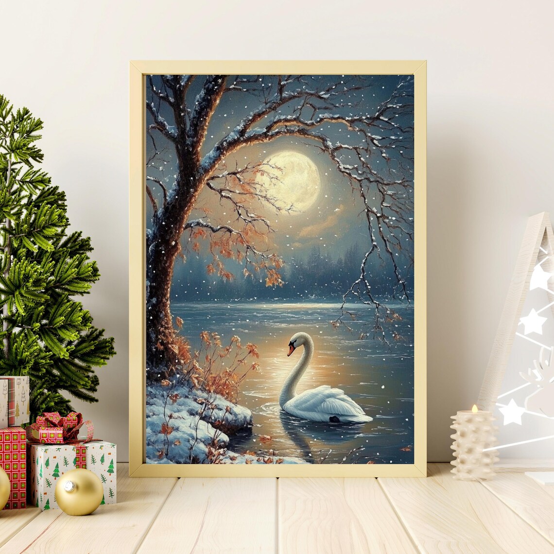White Swan on Moonlit Winter Lake with Snowy Branches Night Painting Poster - Image 2