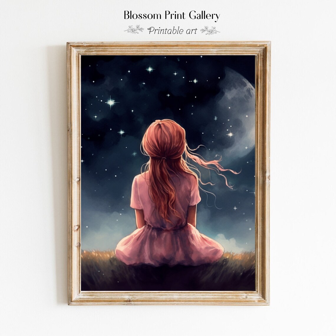 Little Girl Watching Stars and Moon Night Sky Painting Poster