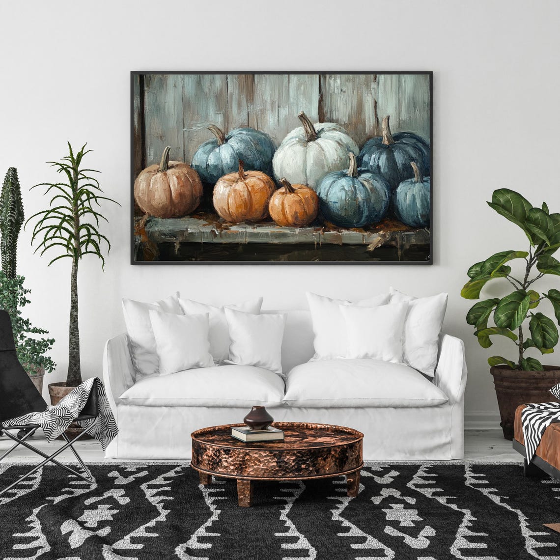 Blue And Orange Pumpkins Still Life Rustic Fall Painting Poster - Image 3