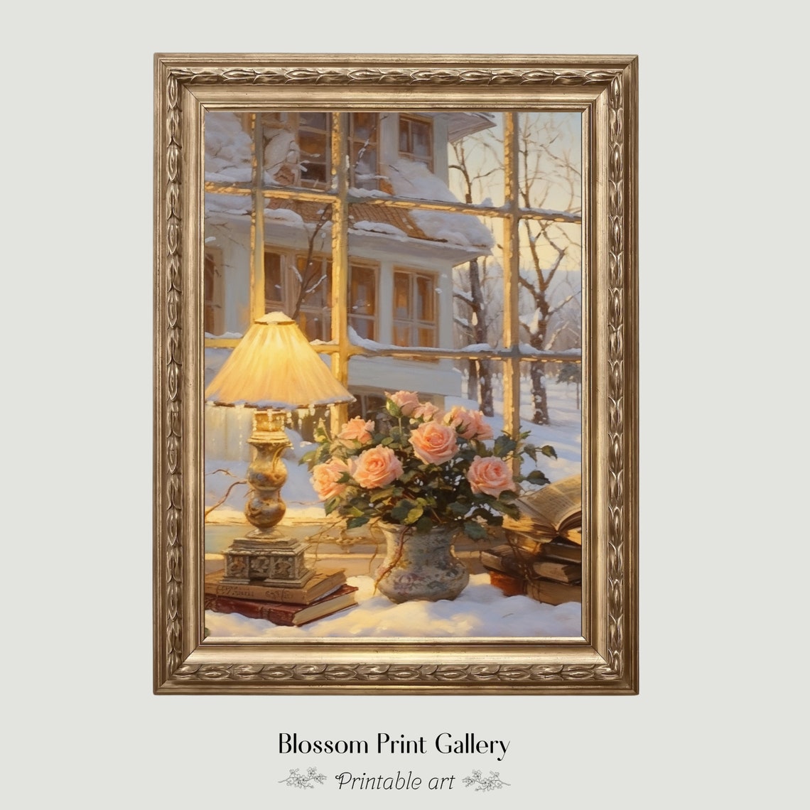 Romantic Winter Window with Lamp and Roses Still Life Painting Poster - Image 6