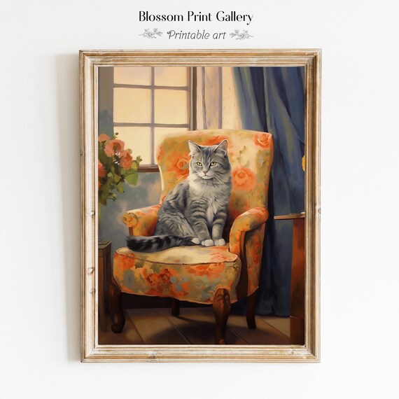 Grey Tabby Cat On Vintage Floral Armchair Cozy Window Portrait Poster
