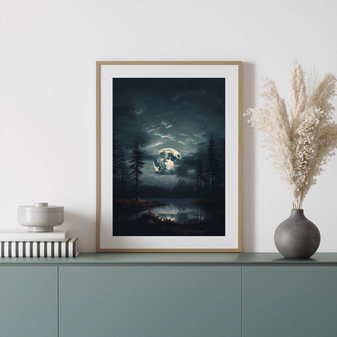 Full Moon Night Sky Forest Lake Moody Celestial Dark Landscape Poster - Image 6