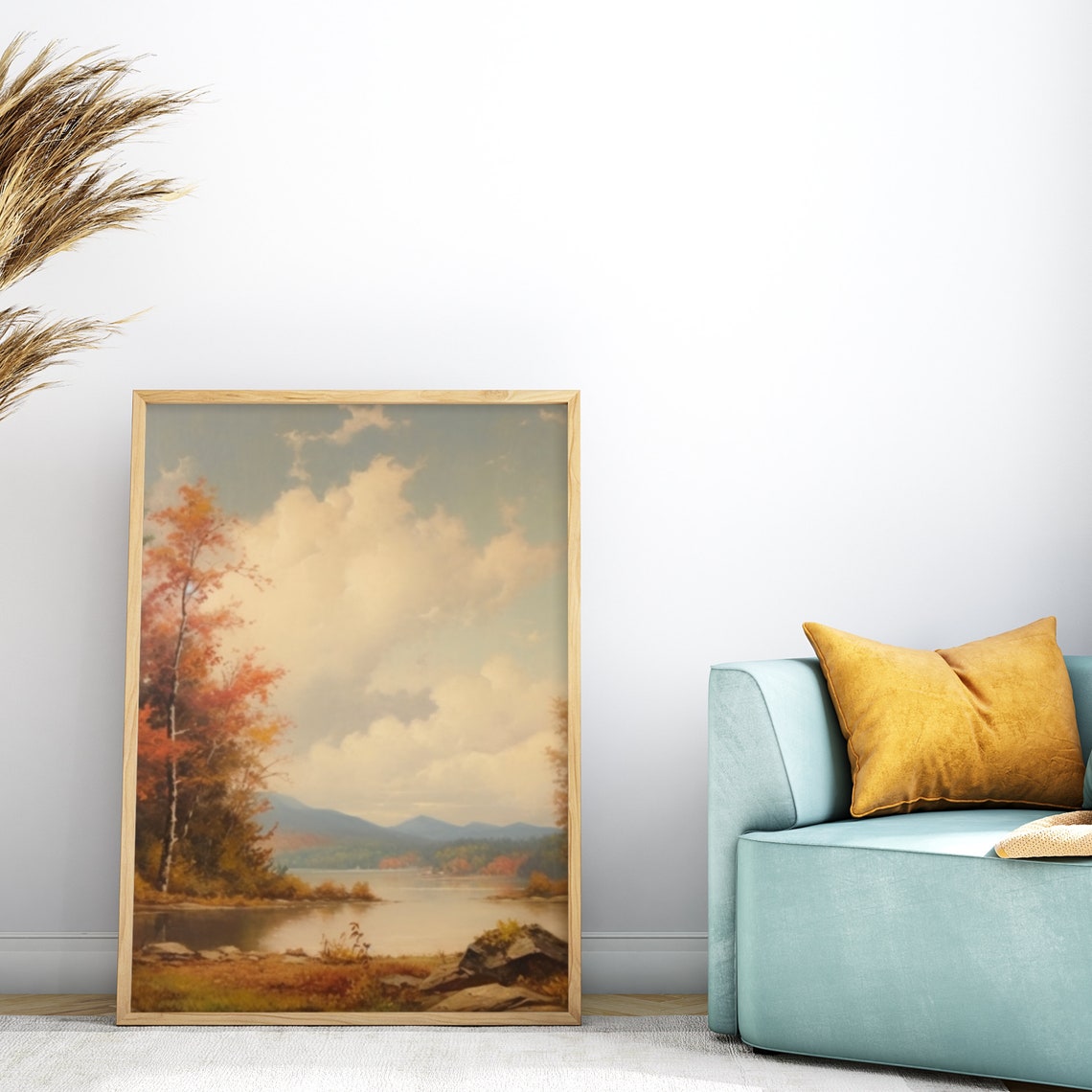 Serene Autumn Lake with Mountains and Clouds Painting Poster - Image 5