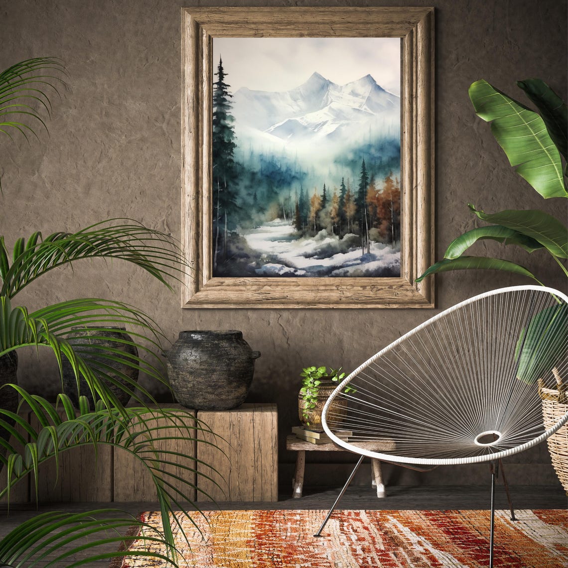 Misty Snowy Mountain Forest Watercolor Winter Landscape Poster - Image 3