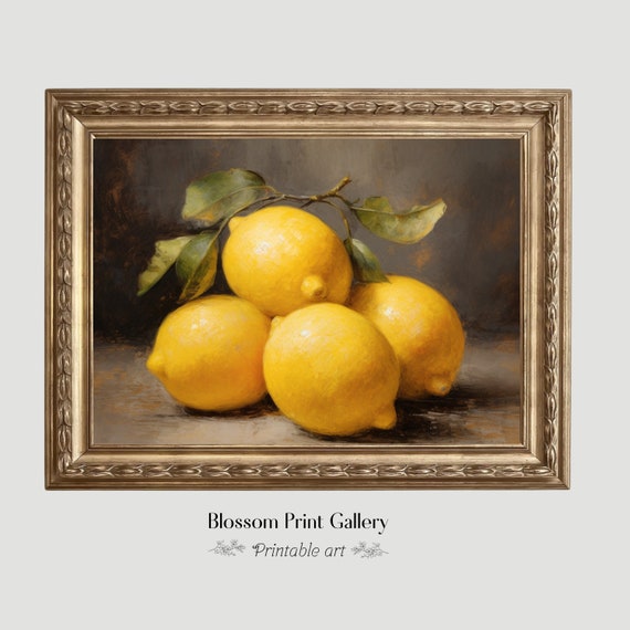 Moody Lemons Painting Vintage Fruit Still Life Kitchen Rustic Home Decor Antique Oil Painting Country Kitchen Wall Art 349