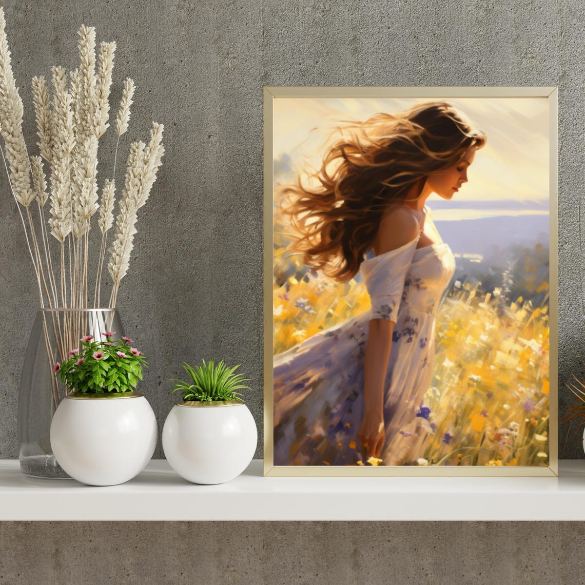 Woman Flowing Dress Golden Wildflower Meadow Sunset Painting Poster - Image 5
