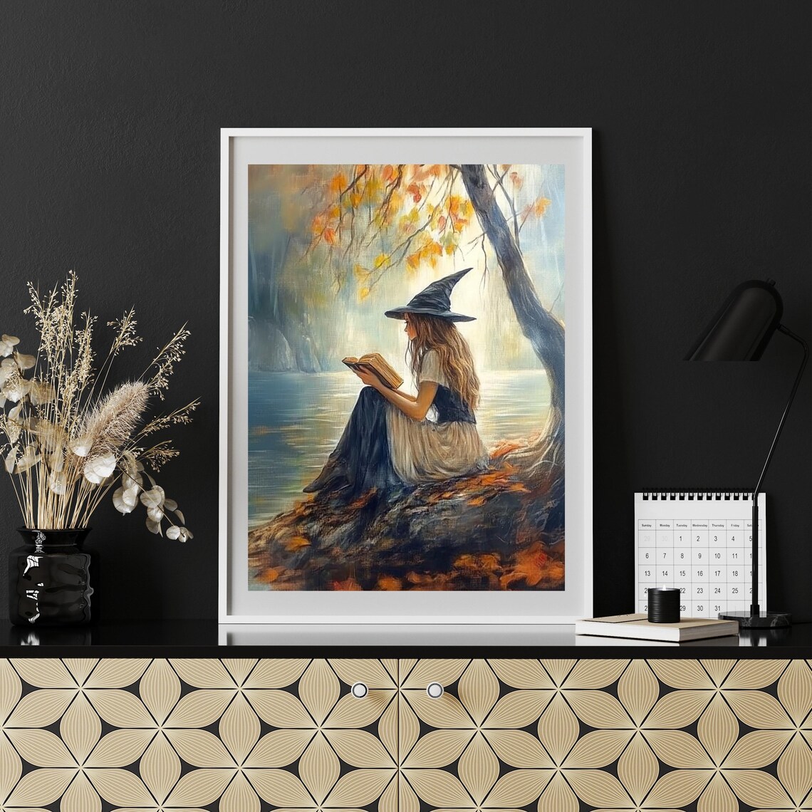 Witch Reading Book By Autumn Lake Vintage Halloween Cottagecore Art Print - Image 2