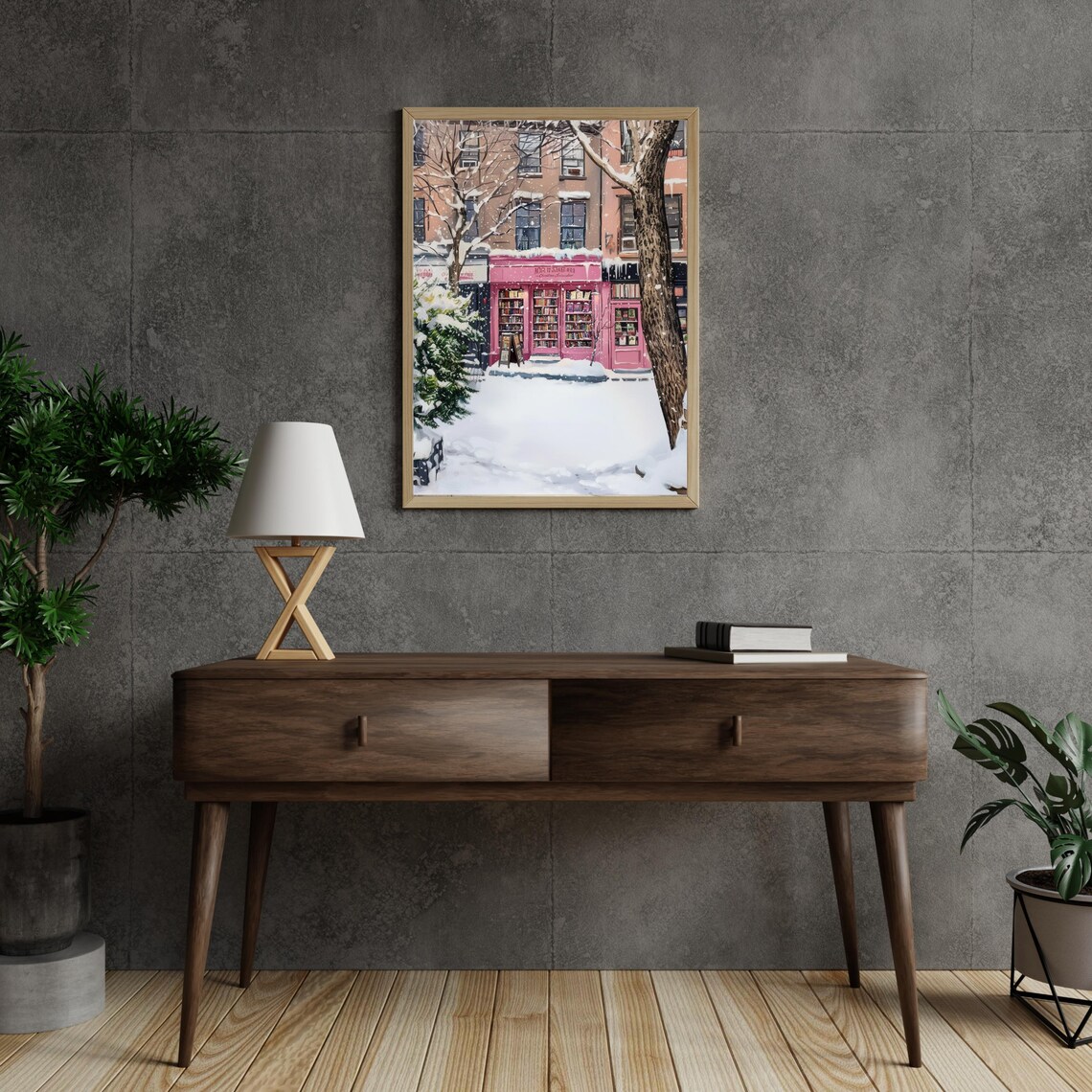 Charming Pink Bookstore On Snowy Winter Street Bookshop Art Poster - Image 2