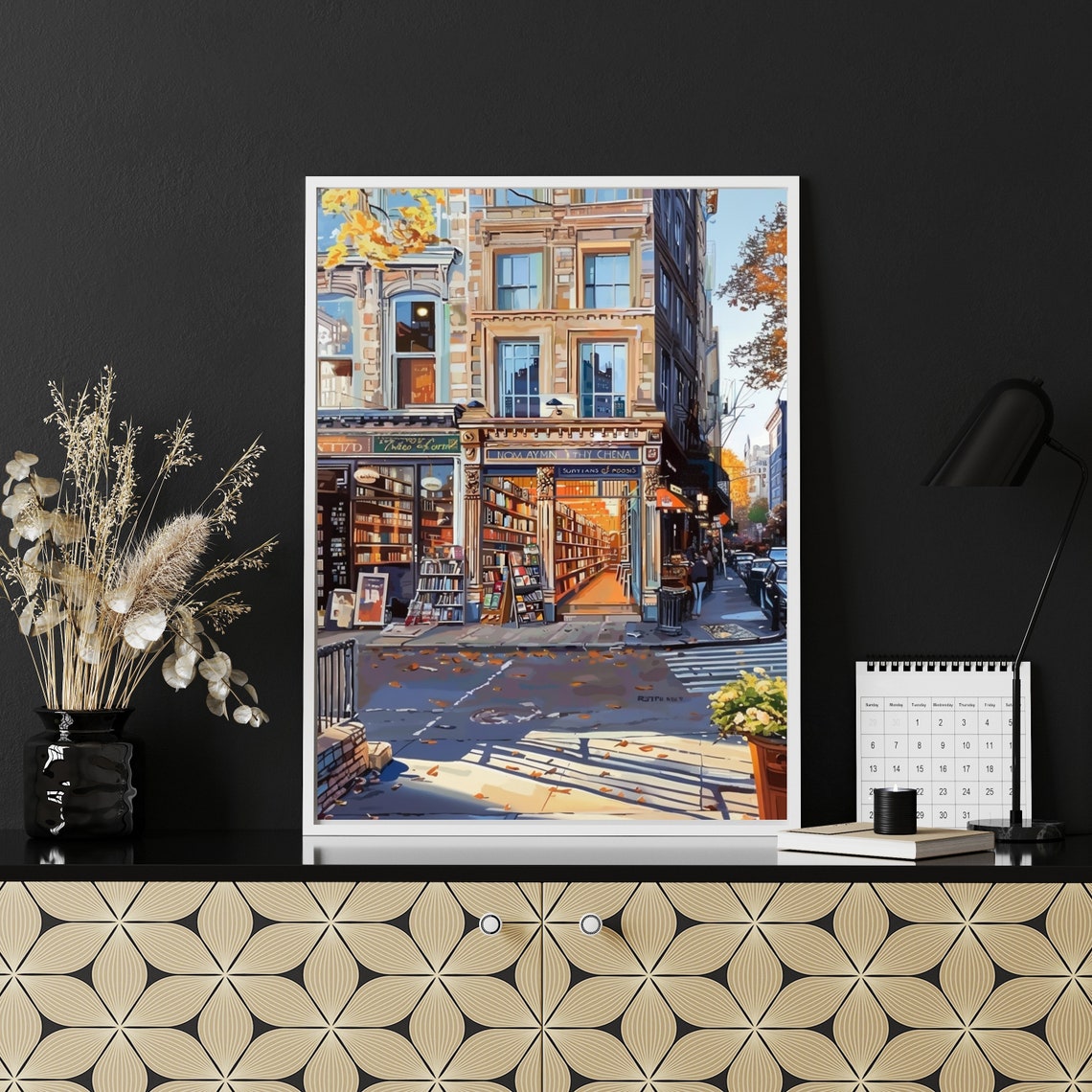 Autumn Bookstore Street Fall Leaves Historic City Painting Poster - Image 2