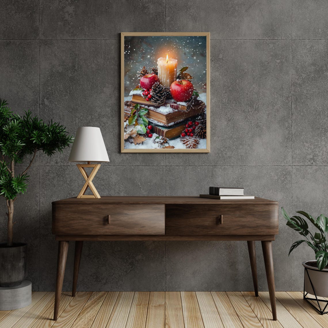 Cozy Christmas Books Apples And Candle Winter Still Life Poster - Image 5
