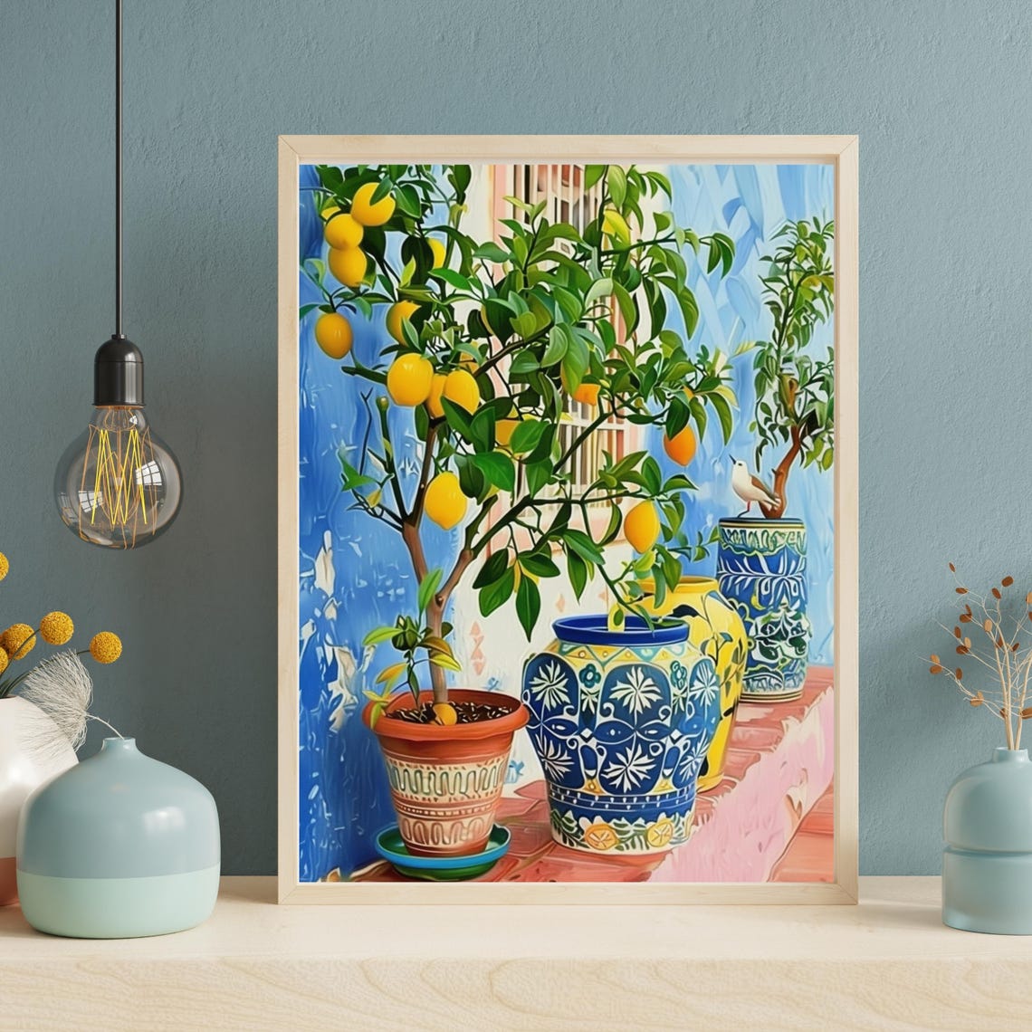 Potted Lemon Trees Blue Ceramic Pots Mediterranean Citrus Art Poster - Image 3