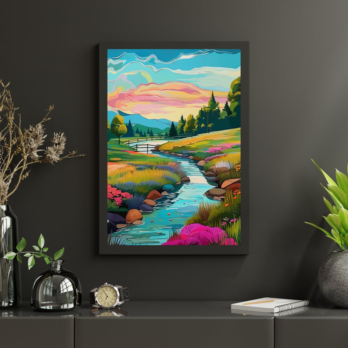 Colorful Sunset Stream Whimsical Forest River Landscape Poster - Image 4