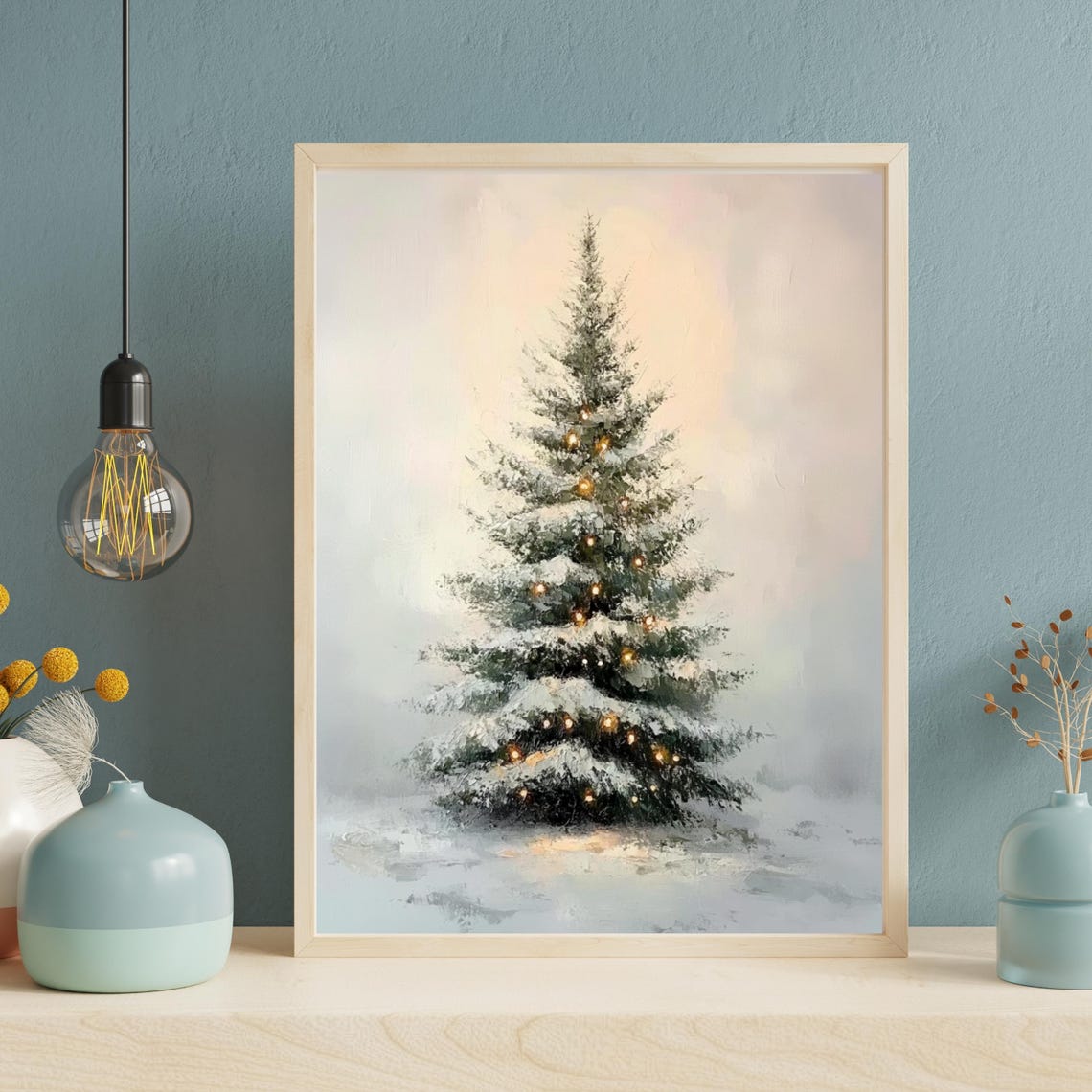 Snow Covered Christmas Tree With Warm Lights Minimalist Poster - Image 2