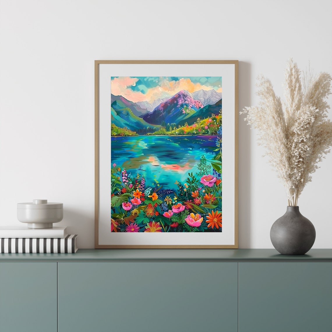 Colorful Mountain Lake With Wildflowers In Impressionist Style Print - Image 6