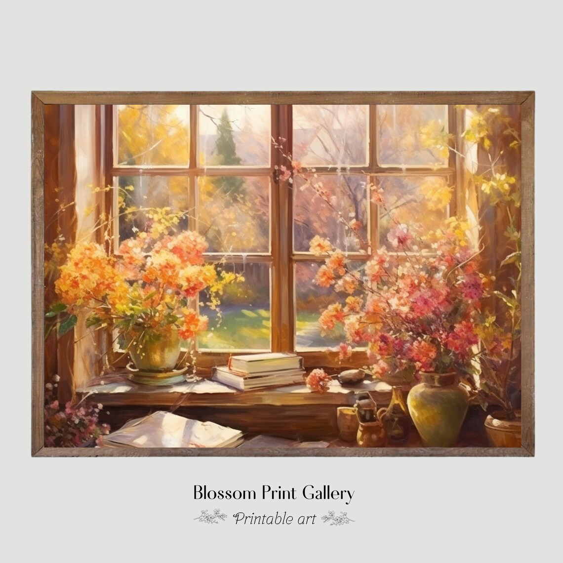 Autumn Window Sill Flowers Books Warm Fall Still Life Cozy Reading Poster