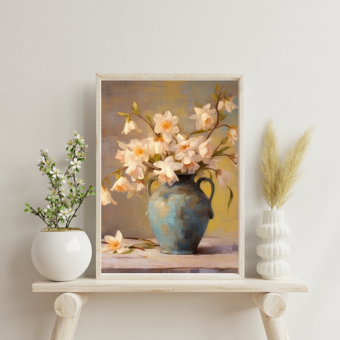 White Daffodils in Blue Vase Vintage Still Life Floral Oil Painting Poster - Image 6