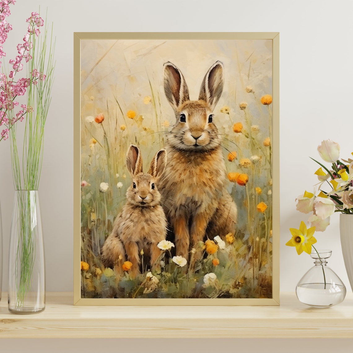 Two Hares in a Wildflower Meadow Rustic Vintage Animal Wall Art - Image 4