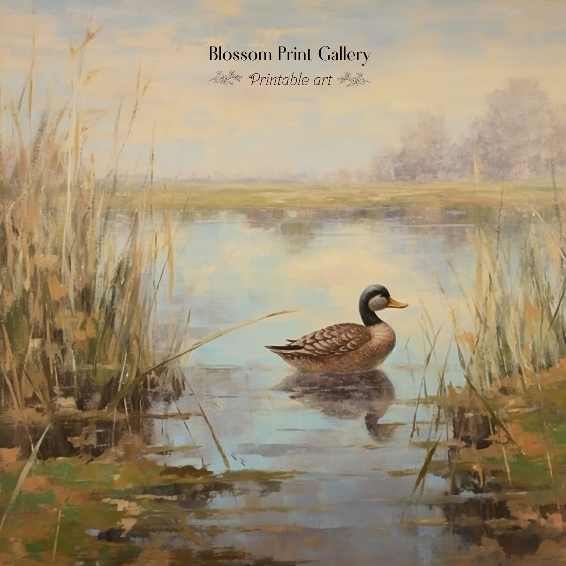 Wild Duck on Golden Marsh Lake with Reeds Vintage Wildlife Poster - Image 3